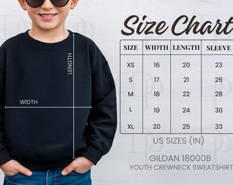 Gildan 18000B Size Chart, Gildan Size Chart 18000B, Gildan Size Chart Youth Crewneck Sweatshirt, Model Mockup Youth Sweatshirt Size Guide