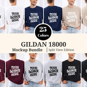 May include: A mockup bundle of Gildan 18000 sweatshirts in various colors, each featuring the text "YOUR DESIGN HERE" in a retro font. The image showcases 25 color options, including white, navy, beige, and black, offering a diverse range for design customization.