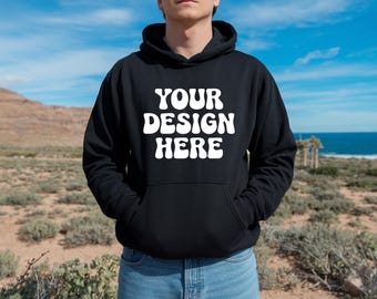 Mockup de moletom com capuz Gildan 18500, mockup de moletom com capuz preto, mockup de moletom com capuz, mockup de moletom com capuz de modelo masculino preto, download instantâneo
