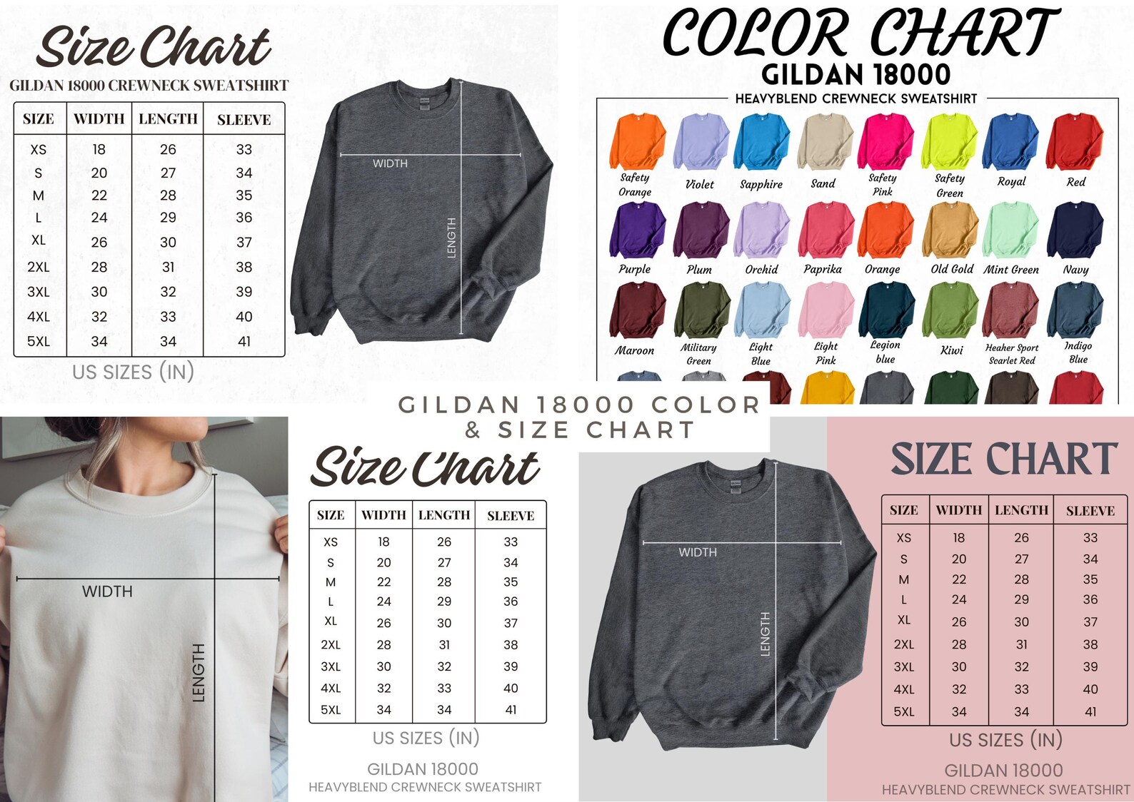 Editable Gildan 18000 Color Chart + Size Chart Bundle| Gildan 18000 ...