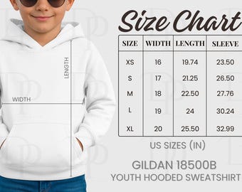 Gildan 18500B Size Chart, Gildan Size Chart 18500B, Gildan Size Chart Youth Hooded Sweatshirt, Model Mockup Youth Hoodie Size Chart