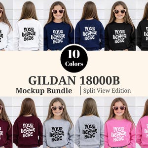 May include: A mockup bundle of Gildan 18000B sweatshirts in ten colors. Each sweatshirt features the text "YOUR DESIGN HERE" on the front and back. The image shows a young person wearing each sweatshirt, with heart-shaped sunglasses.