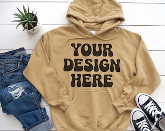 Gildan 18500 Hoodie Mockup | Flat Lay Old Gold Gildan 18500 Hoodie Mockup | Old Gold G185 Hooded Sweatshirt Mockup | G18500 Hoodie Mockup