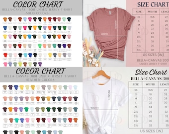 May include: A size chart for Bella + Canvas 3001 unisex jersey t-shirts. The chart shows the width and length measurements in inches for sizes XS to 5XL. The chart also includes a color chart with a variety of solid and heather colors.