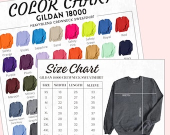 Bundel met bewerkbare Gildan 18000-kleurenkaart + maattabel| Gildan 18000 maattabel | Gildan 18000-kleurenkaart | Uniseks sweatshirt met ronde hals