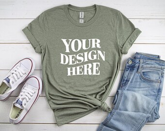 Gildan 64000 Mockup, heather military green Gildan 64000 Flat Lay Mockup, Gildan 64000 Tshirt Flat Lay Mockup, G640 Flatlay Mockup, G640