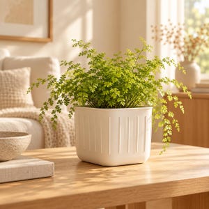 May include: A vibrant green fern plant with delicate, feathery fronds is potted in a square, off-white planter. The planter features a series of vertical, recessed grooves along its exterior sides, providing a clean and structured appearance.