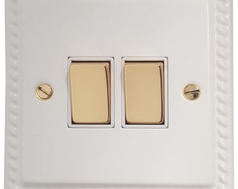 Georgian White Light Switch (2 Gang/White Insert/Polished Brass Switches)