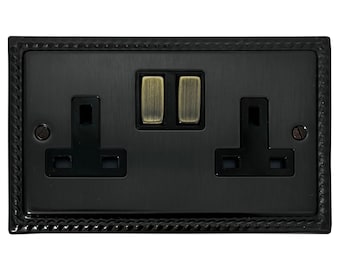 Georgian Black Bronze Socket (2 Gang/Antique Brass Switches)