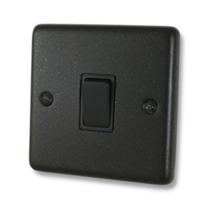 May include: A black light switch with a textured finish and a black toggle switch.