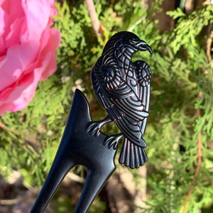 Black Bird Hair Stick by IdolHands - Custom Name Viking Raven Hair Pin - Cute Bird Goth Gift for Her - Personalized Engraved Metal Hairpin