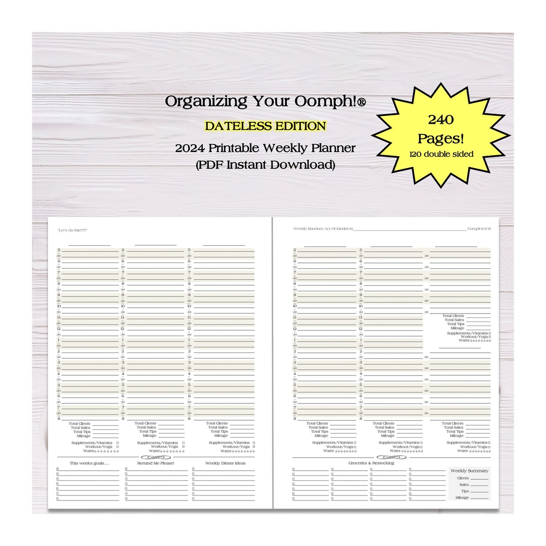 Printable Undated Planner Weekly Schedule Hourly Week on Two Pages WO2P ...