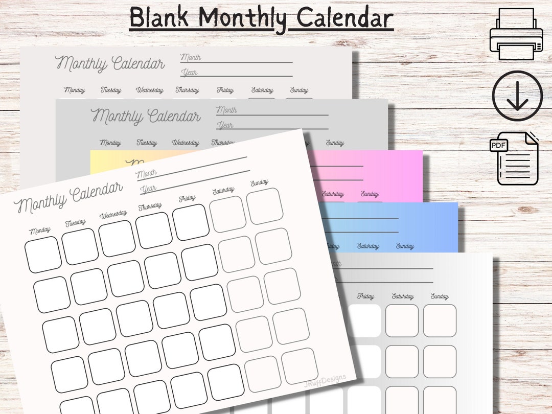 Blank Monthly Calendar Fill In PDF Printableinstant Download - Etsy