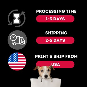May include: Illustration of a clock, a delivery truck, and the American flag with the text "PROCESSING TIME 1-3 DAYS", "SHIPPING 2-5 DAYS", and "PRINT & SHIP FROM USA".