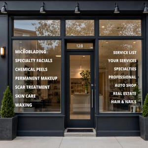 May include: A storefront with a black frame and glass windows displaying white text. The left window lists microblading, specialty facials, chemical peels, permanent makeup, scar treatment, skin care, and waxing. The right window lists service list, your services, specialties, professional, auto shop, real estate, and hair & nails.