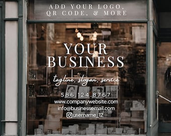 Benutzerdefinierte Business Aufkleber | Anpassbares Logo, Tagline, Info, Website & Telefonnummer - Fensteraufkleber - QR-Code - Kleines Geschäft Vinyl-Türschild