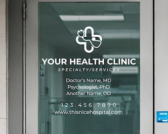 Calcomanía de clínica de salud / Logotipo personalizable, eslogan, nombre de usuario, sitio web y número de teléfono - Calcomanía de ventana - Letrero del hospital - Oficina de quiropráctico