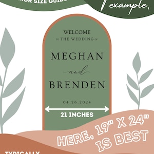 Op de afbeelding: Een groen en bruin huwelijksbord met de tekst "Welkom op de bruiloft van Meghan en Brenden 04.26.2024". Het bord bevat ook een meetgids met de tekst "21 inch" en "Hier, 19" x 24" is het beste".