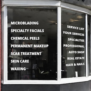 Calcomanía de lista de servicios / Texto, fuente y color personalizables - Calcomanía para ventana - Información comercial - Letras grandes de vinilo - Señalización de ventana personalizada