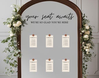 Your Seat Awaits Wedding Mirror Decal | We're so glad you're here Sign - Wood, Mirror, Acrylic - Wedding Reception - Vinyl - Seating Chart