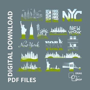 May include: A digital download of 12 New York City skyline designs in white and green. The designs include the Statue of Liberty, the Empire State Building, and the Brooklyn Bridge. The text "DIGITAL DOWNLOAD" and "PDF FILES" is also included in the image.