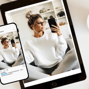 Women’s White Sweatshirt Mockup Gildan 1800 Crewneck Lifestyle Styling Casual Relaxed Fit