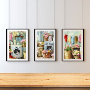 Vintage Laundry Print Set of Three, Rustic Shabby Chic Laundry Room Watercolor Painting Farmhouse Decor Wall Art Printable Wall Art