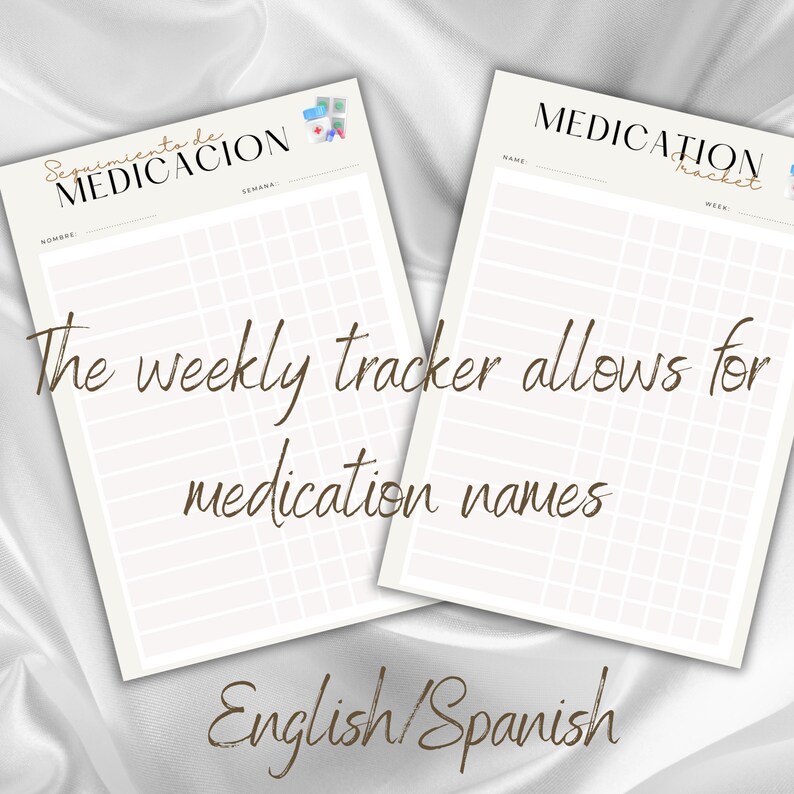 Medication Tracker English and Spanish Log, Weeky Month Year Medication