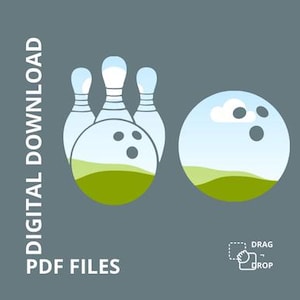 May include: A green and blue bowling ball with a white cloud and a green field inside.  The bowling ball is next to three bowling pins with the same design.  The text "DIGITAL DOWNLOAD" and "PDF FILES" is on the left side of the image.