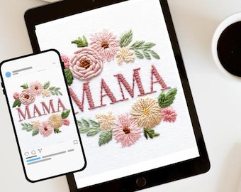 Mama Floral faux-borduurontwerp: Moederdag, png (digitale download)