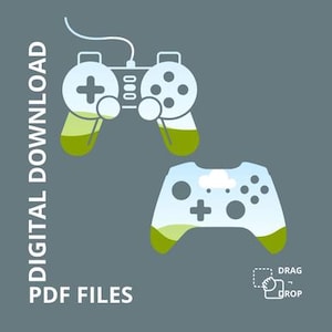 May include: Digital download graphic featuring two stylized game controllers in white and green on a gray background. The text "DIGITAL DOWNLOAD" and "PDF FILES" are displayed vertically. A "drag and drop" icon is in the lower right corner.