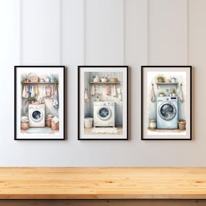Vintage Laundry Print Set of 3, Rustic Shabby Chic Watercolor Art for Farmhouse Decor & Laundry Room Wall Art