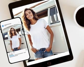 Maquette de t-shirt blanc Bella Canvas 3001 : modèle féminin (téléchargement numérique)