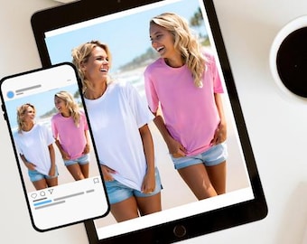Lot de maquettes de t-shirts blancs en toile Bella : filles de la plage, modèle 3001 modifiable (téléchargement numérique)