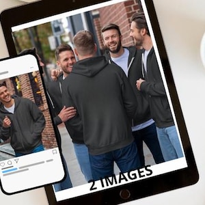 May include: Three men wearing black hoodies stand together in an urban setting. The men are smiling and appear to be friends. The image is a close-up of the men's torsos and faces.