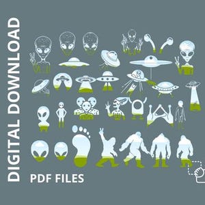 May include: A set of 25 digital illustrations of aliens and UFOs. The illustrations are in black and white with green accents. The illustrations are in a cartoon style. The text "DIGITAL DOWNLOAD" and "PDF FILES" is included in the image.