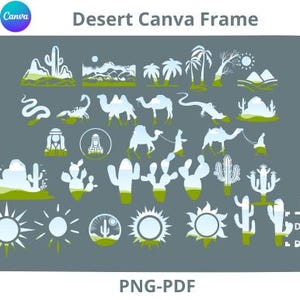 May include: A set of 30 white silhouette desert-themed graphics for Canva. The graphics include cacti, camels, snakes, scorpions, palm trees, mountains, and suns. The graphics are on a gray background.