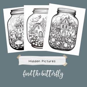 Pode incluir: Três ilustrações em preto e branco de frascos de vidro com casas e outros detalhes dentro. O texto "Hidden Pictures find the butterfly" está abaixo dos frascos.