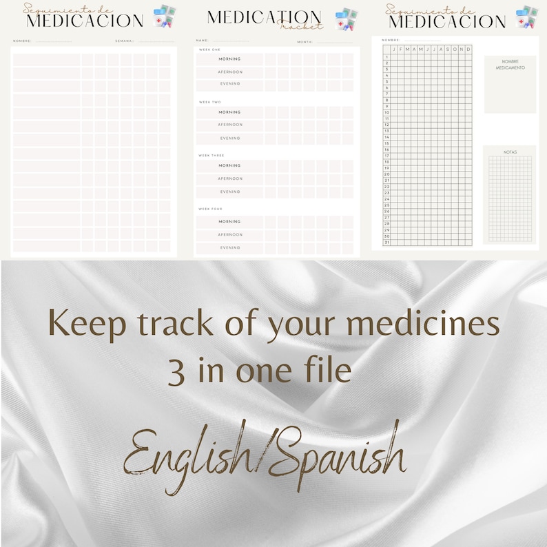 Medication Tracker English and Spanish Log, Weeky Month Year Medication