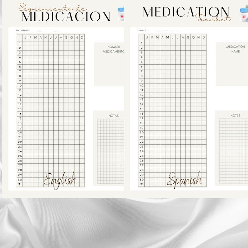 Medication Tracker English and Spanish Log, Weeky Month Year Medication
