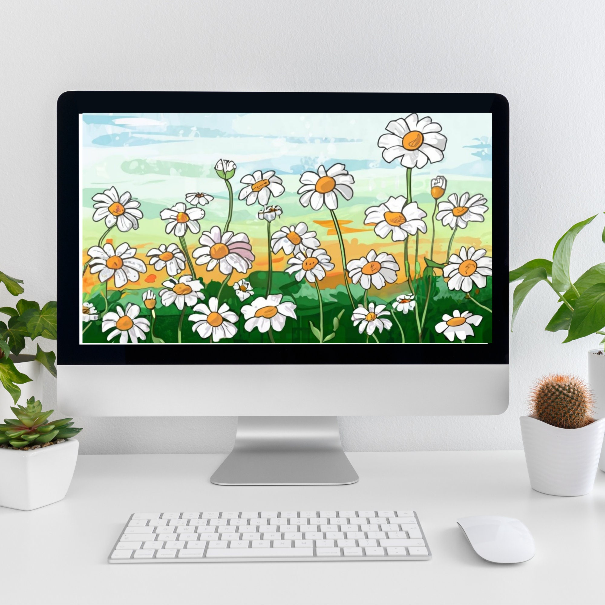 Watercolor Desktop Wallpaper, Floral Daisy Computer Background, Boho ...