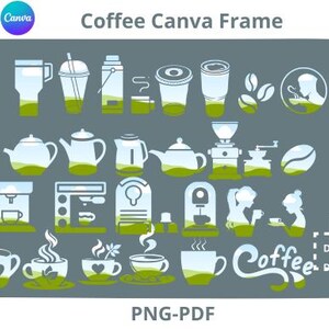 May include: A set of 28 coffee-themed illustrations in a blue and green colour scheme. The illustrations include coffee cups, mugs, pots, coffee makers, and coffee beans. The illustrations are designed to be used as frames in Canva.