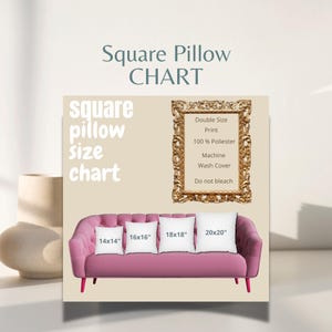 Instrucciones de cuidado y tabla de tallas de almohadas cuadradas de poliéster hilado, información de lavado, tabla de cuidado del lavado de almohadas decorativas, maqueta de Etsy