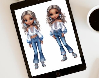 Paquete de imágenes prediseñadas de lindas chicas chibi / Diseños PNG de muñecas (descarga digital)
