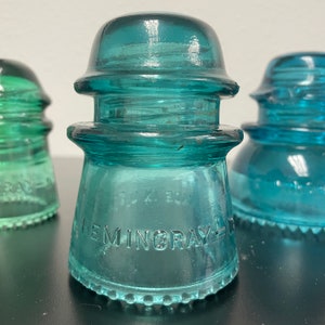 Three Beautiful Hemingray Telegraph Insulators Green #9, Teal #16, and Deep Blue #42