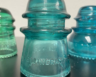 Three Beautiful Hemingray Telegraph Insulators Green #9, Teal #16, and Deep Blue #42