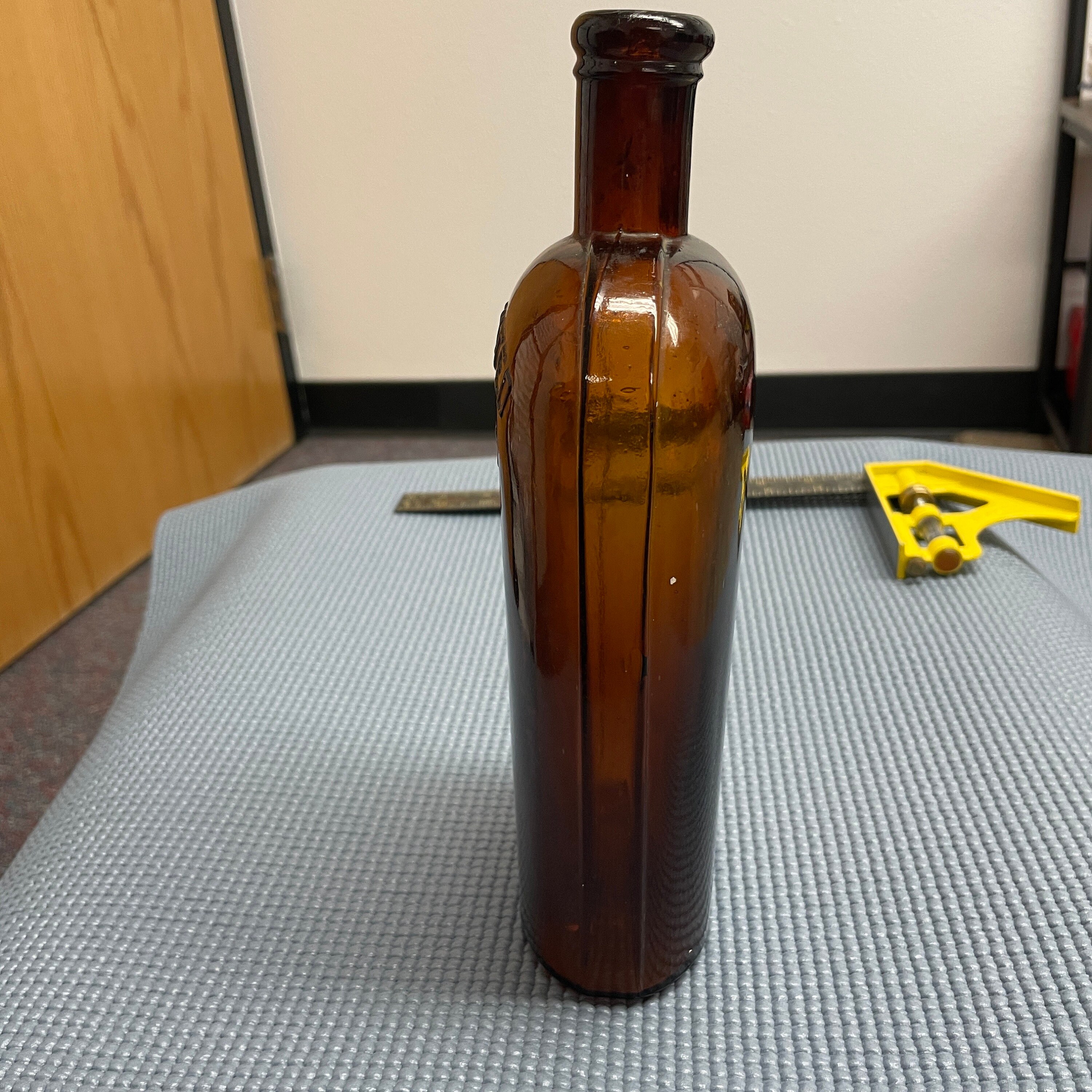 Antique Warranted Flask Amber Glass Strap Sided Bottle From 18701900
