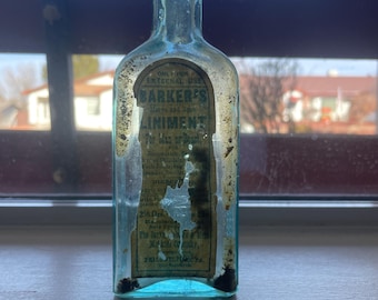Antique Barker’s Nerve and Bone Liniment for Man or Beast c1860s, Aqua Glass Bottle with Partial Label