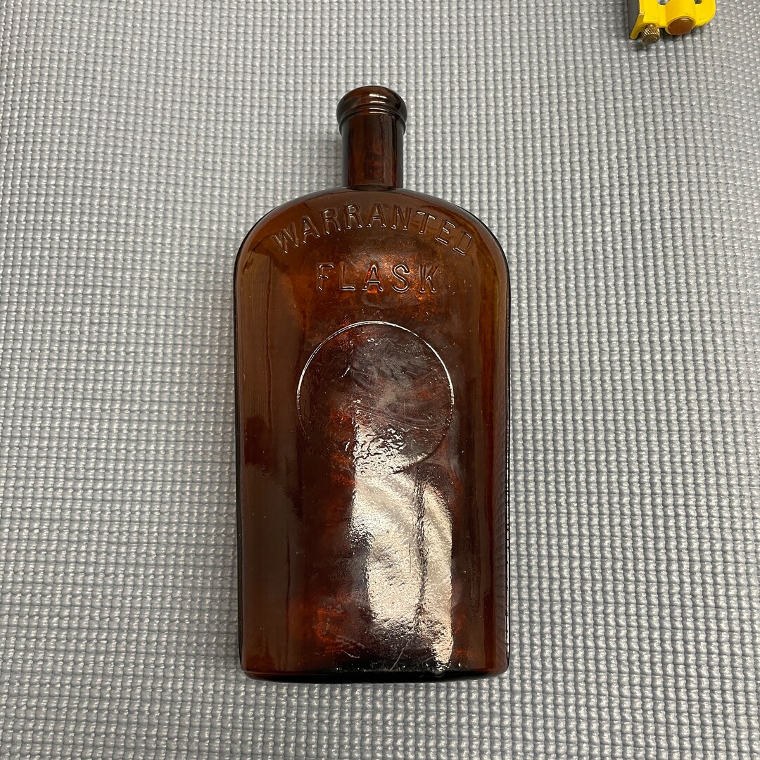 Antique Warranted Flask Amber Glass Strap Sided Bottle From 18701900