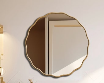 Décoration de miroir rond moderne, Miroir rond unique pour salle de bain, Miroir esthétique pour la maison, Miroir mural à cadre doré, Miroir pour meuble-lavabo